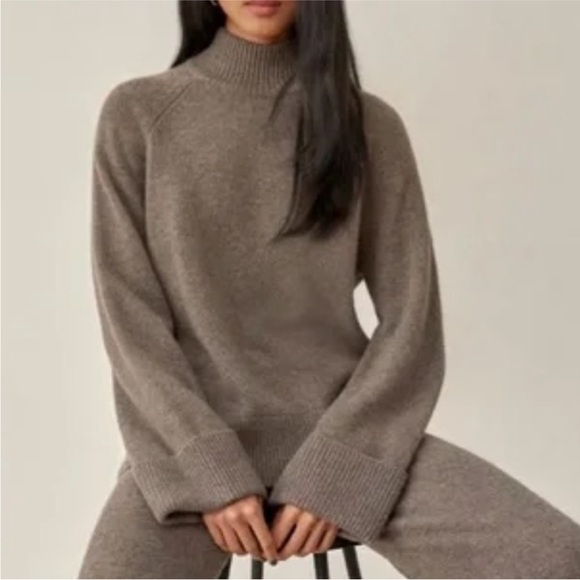 Reformation Garrett Sweater 100% Cashmere Mock Neck Wide Sleeves Cocoa Taupe XL